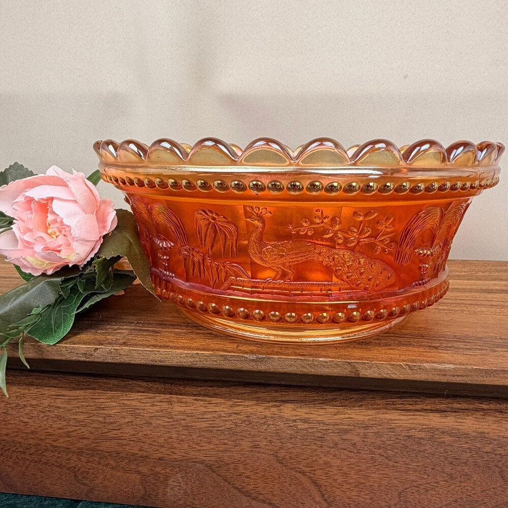 Northwood Peacock at the Fountain Marigold Carnival Glass 9" Master Berry Bowl